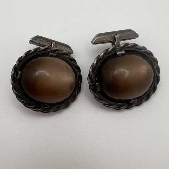 Other - Vintage Ed Harris Sterling Silver Tigers Eye Agate‎ Modernist Handmade Cufflinks